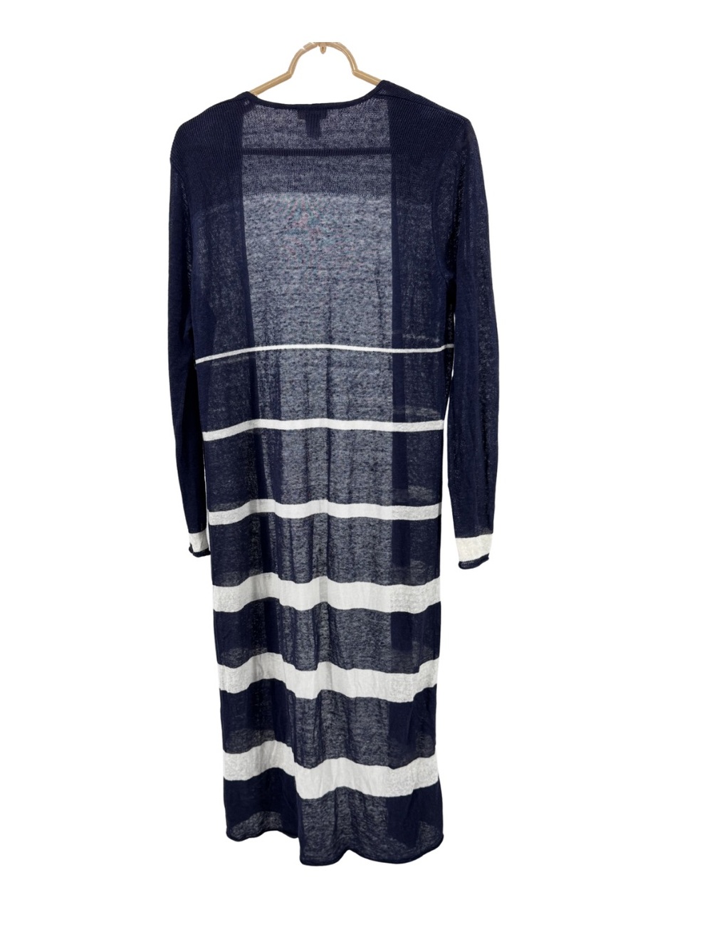 Chico's Navy White Striped Lightweight open front duster cardigan linen M stripe - Picture 2 of 10